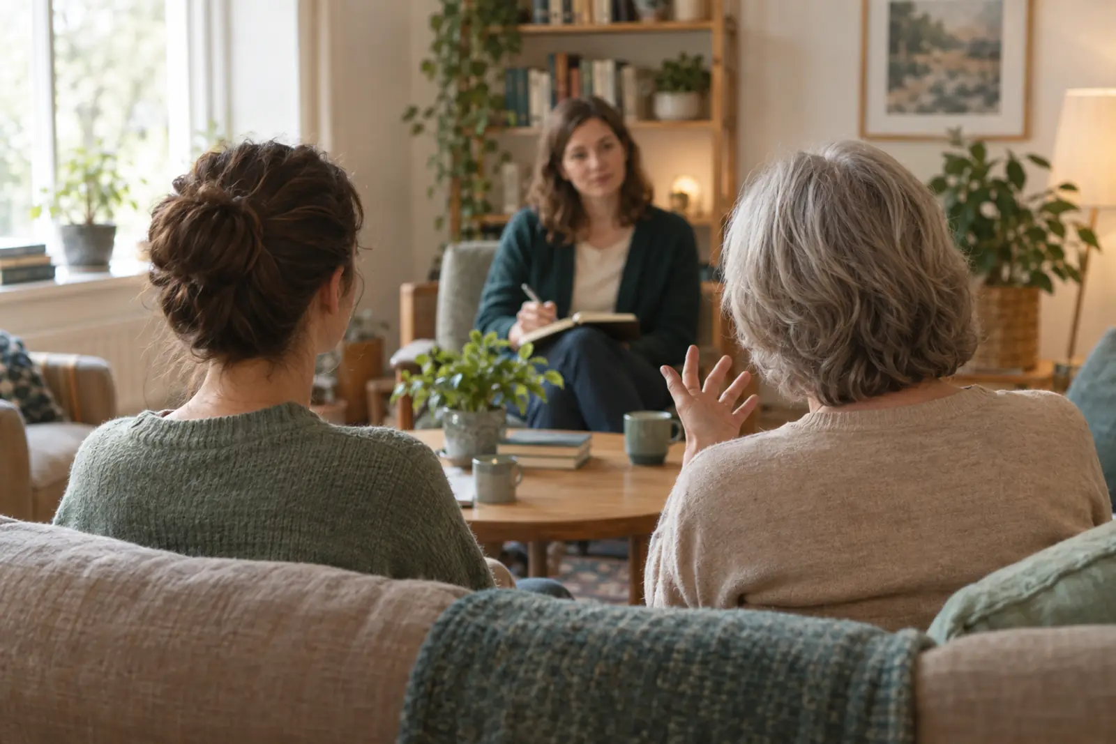 Klient og pårørende til en grundig samtale med en behandler
