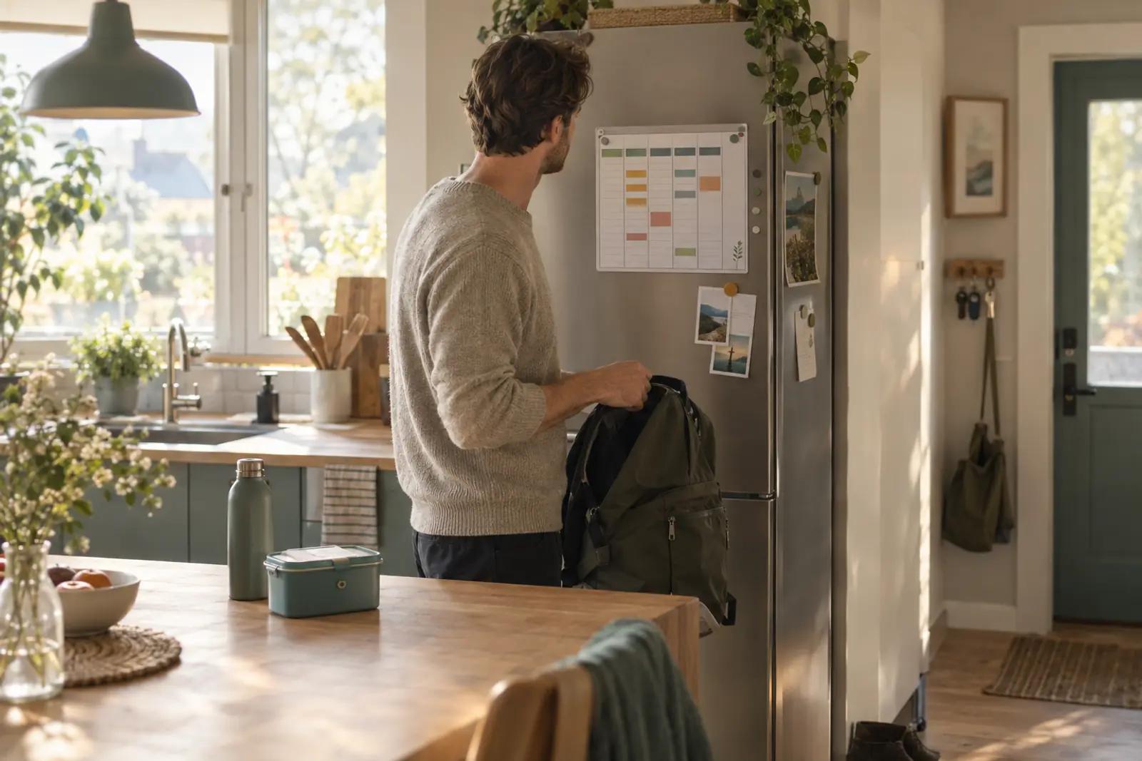 En rolig, overskuelig morgen med ugeplan på køleskabet og tasken klar