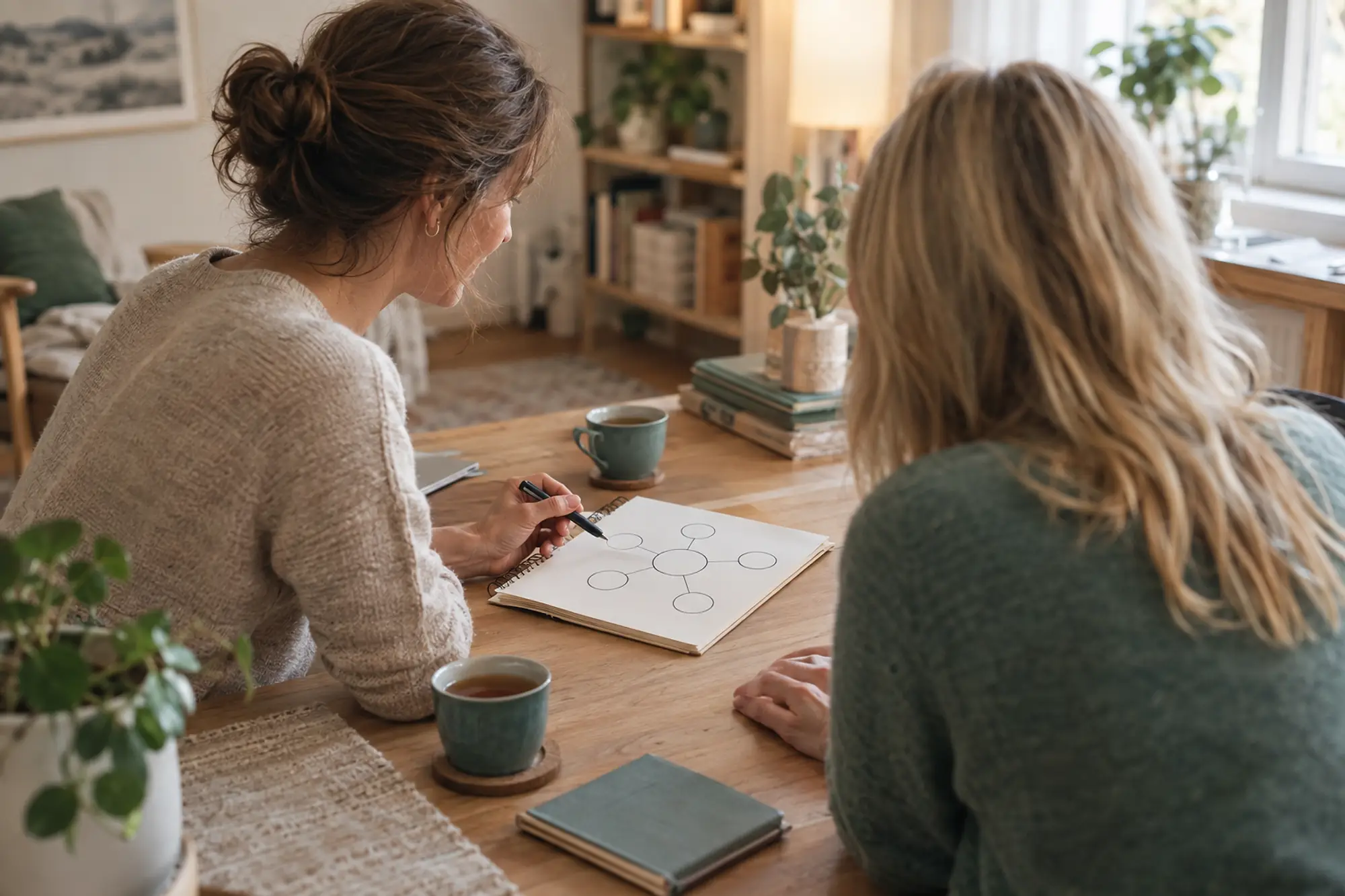 En behandler tegner en enkel model for at forklare, mens klienten lytter interesseret